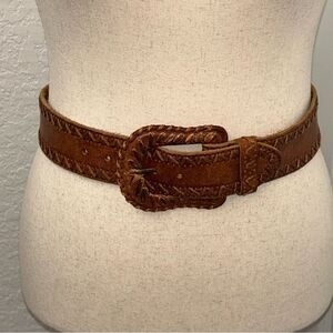 Another Line Tooled Leather Buckle Statement Belt